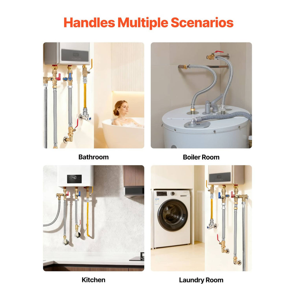 Water heater hose kit shown with brass valve and braided stainless hose for home plumbing