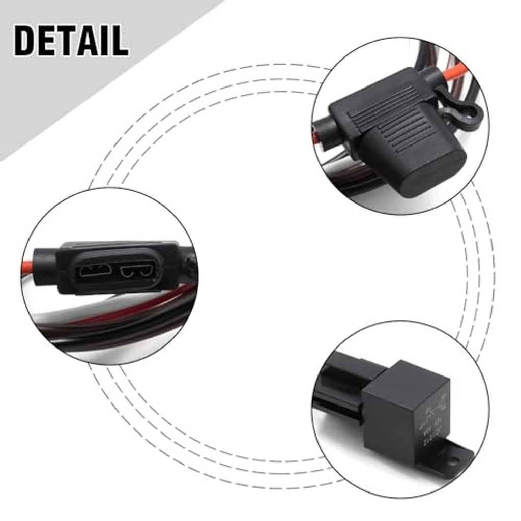 Close-up details of relay kit connectors and wiring harness with black casing and terminals
