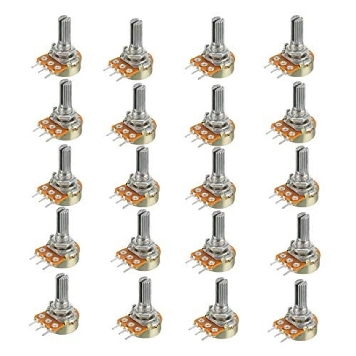 Set of 20 single-joint potentiometers with metal shafts and 3-pin PCB terminals