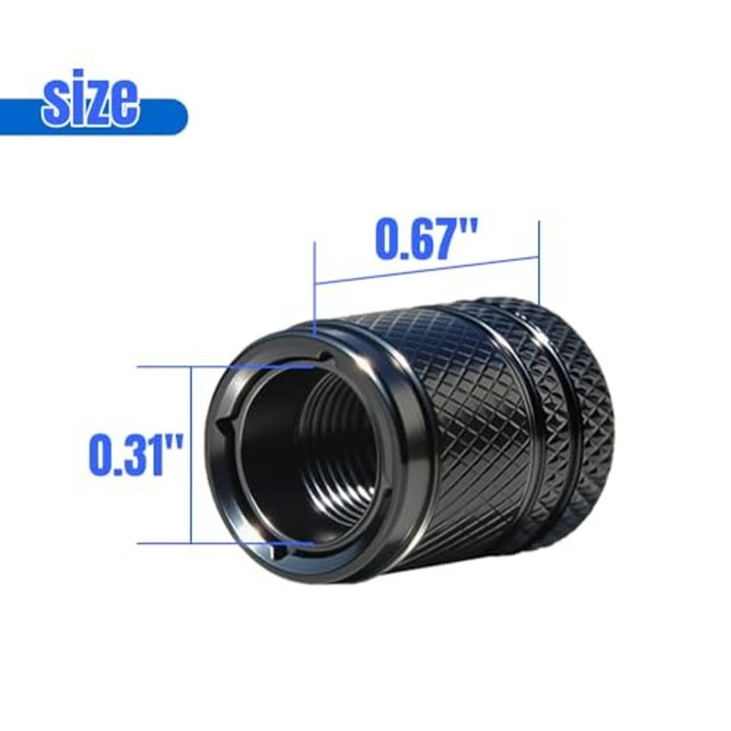 Black tire valve stem cap with open threaded interior and diamond-textured outer shell