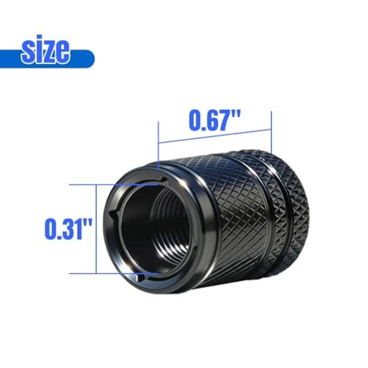 Black tire valve stem cap with open threaded interior and diamond-textured outer shell