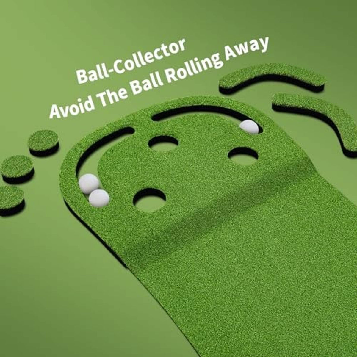 Green artificial turf putting green mat with cup cutouts and several golf balls
