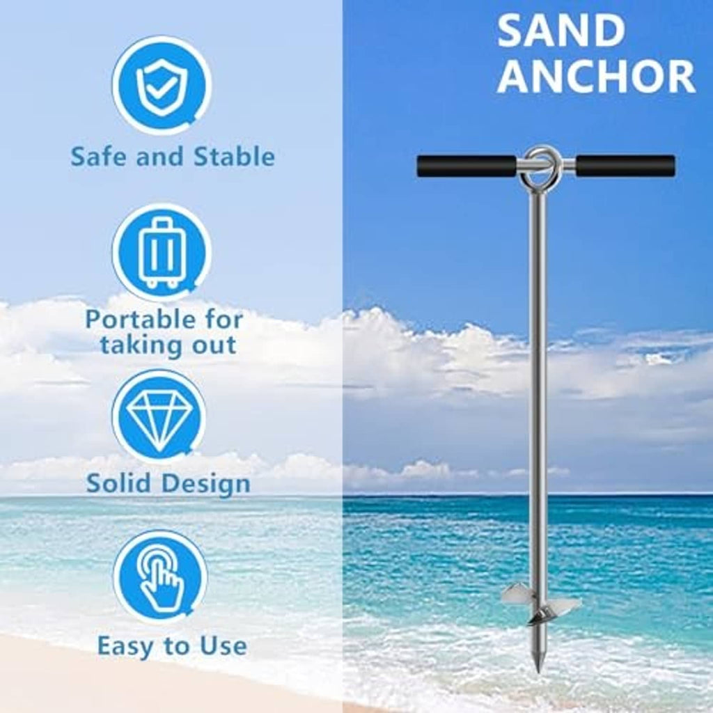 Stainless steel sand anchor with black grip handles and screw auger tip