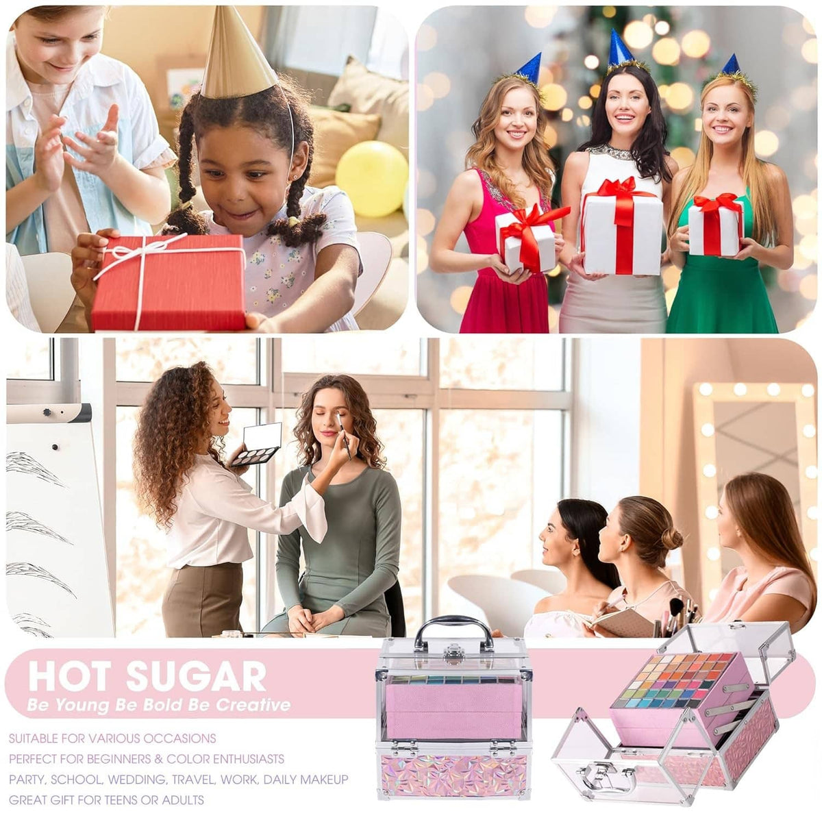 Teen makeup kit in use: girls applying makeup at a vanity with open cases and palettes.