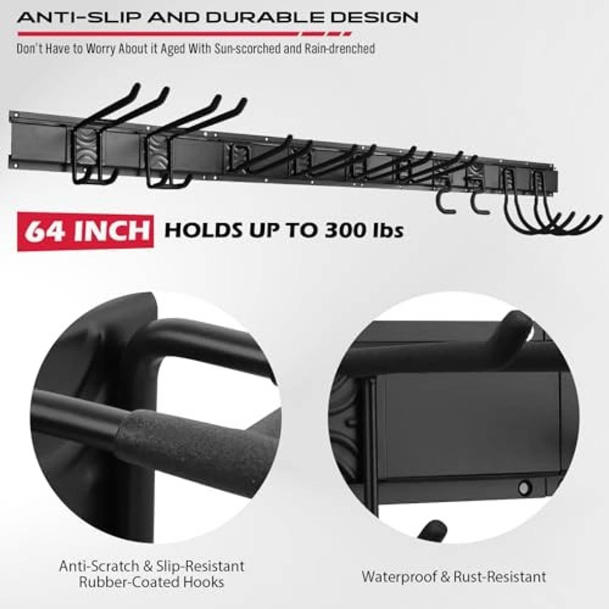 Black 64-inch garage wall organizer rail with rubber-coated hooks and durable anti-slip grip