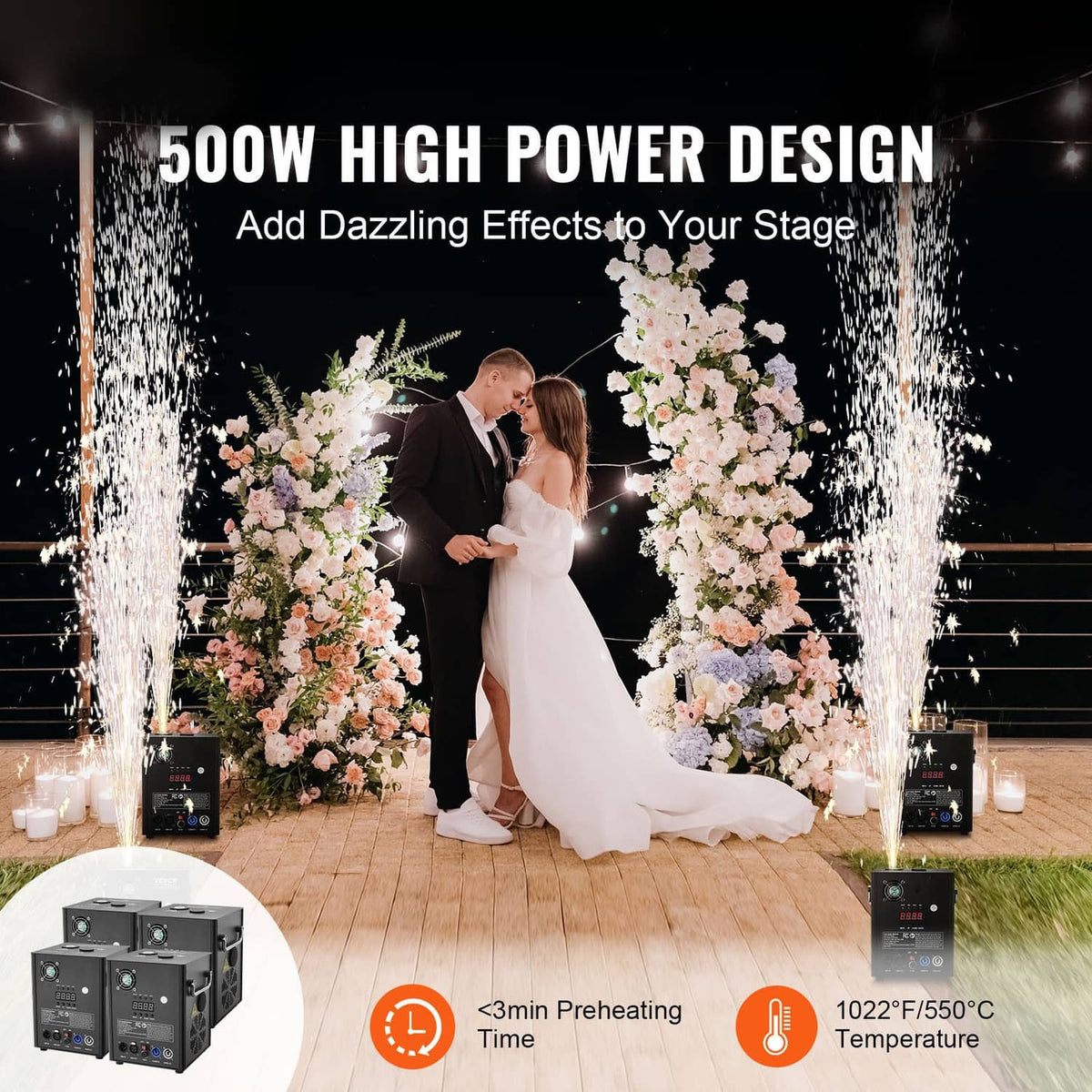 Black cold spark firework machines, front panel with LED-style display and controls