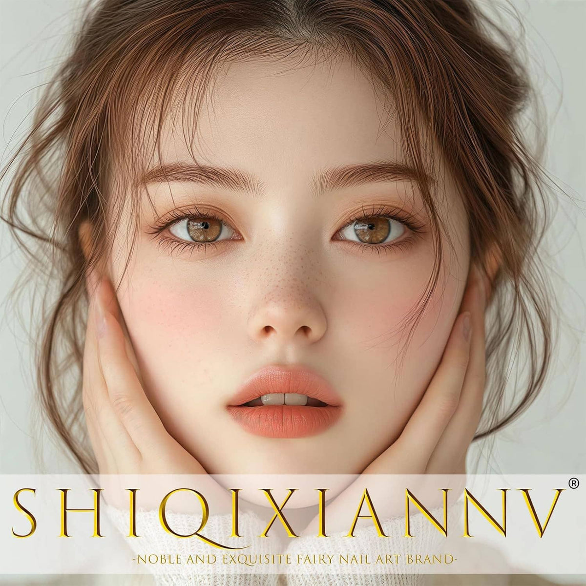 Nail art brand logo graphic with model face and gold lettering