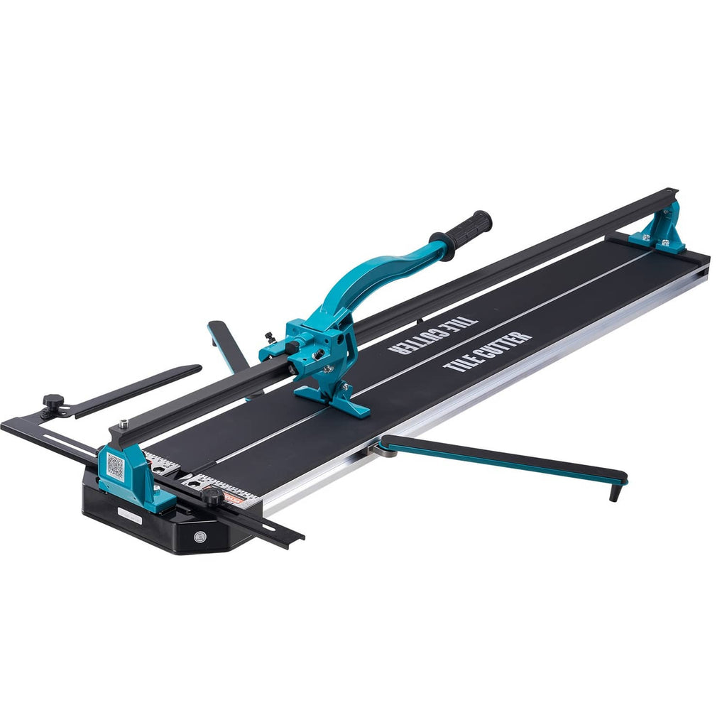Manual tile cutter with blue guide, black base, and handle for straight tile cuts