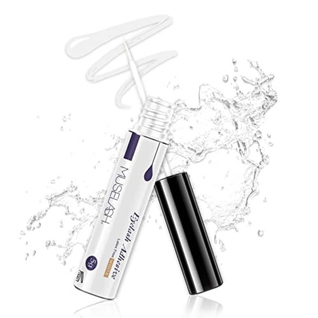 Latex-free false eyelash glue bottle with white applicator, black base and purple tip.