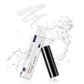 Latex-free false eyelash glue bottle with white applicator, black base and purple tip.