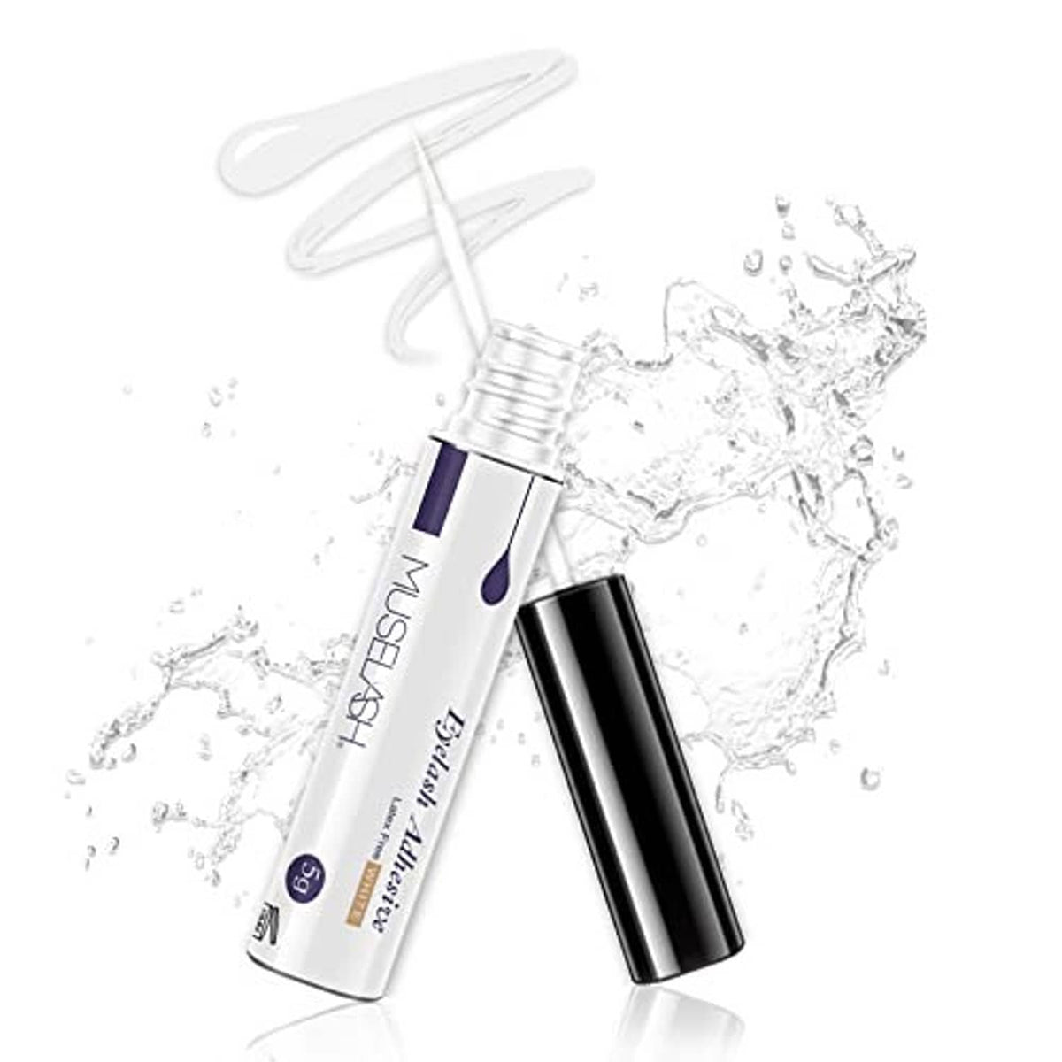 Latex-free false eyelash glue bottle with white applicator, black base and purple tip.