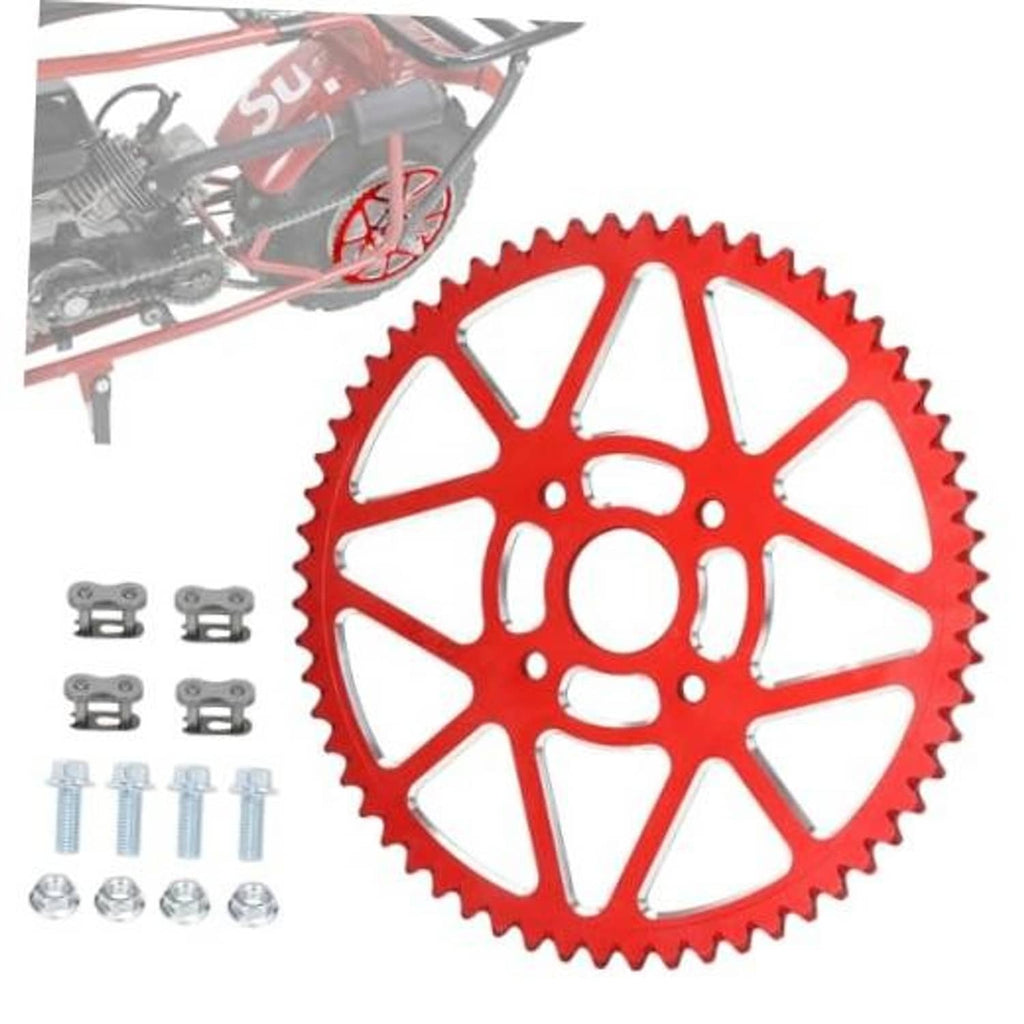 Red 60T mini bike chain sprocket with mounting hardware and bolts