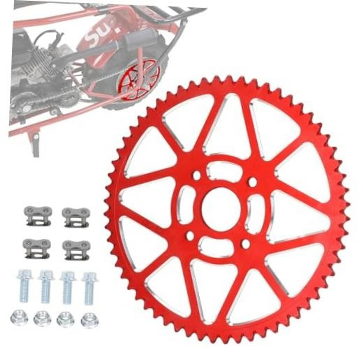Red 60T mini bike chain sprocket with mounting hardware and bolts