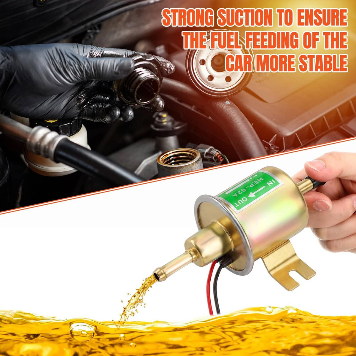 Gold inline electric fuel pump with wiring and mounting bracket