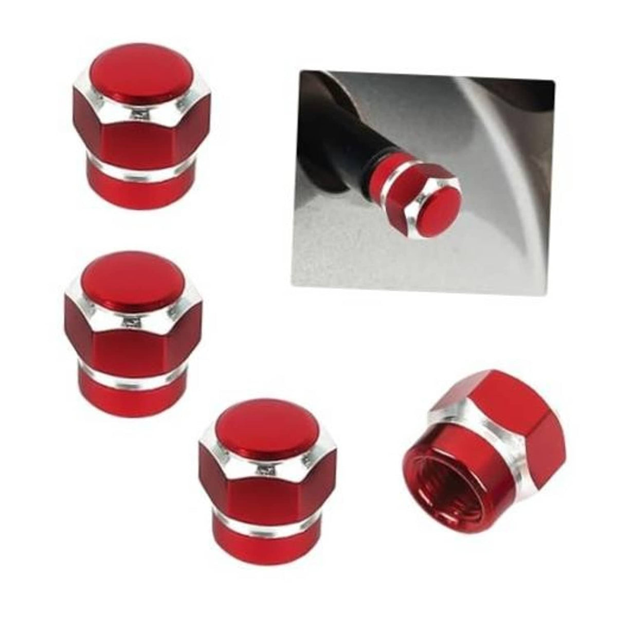 Set of red car tire valve stem caps with chrome hex collars and caps.
