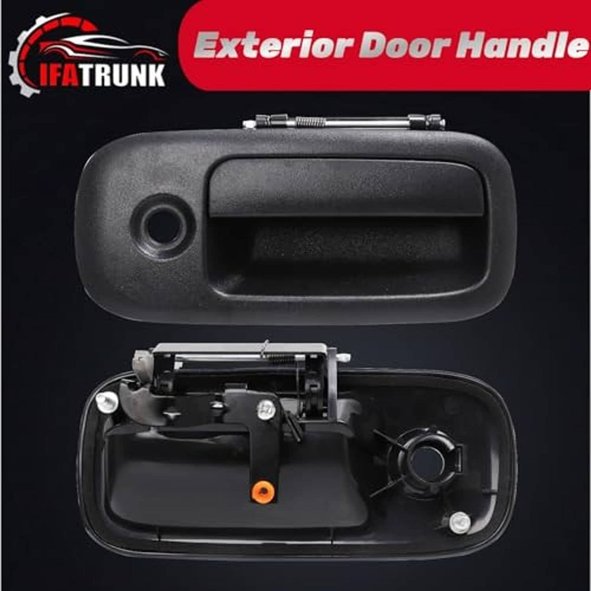 Black exterior door handle with open housing showing metal latch components