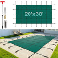 Rectangular green inground pool safety cover with grid mesh and reinforced border