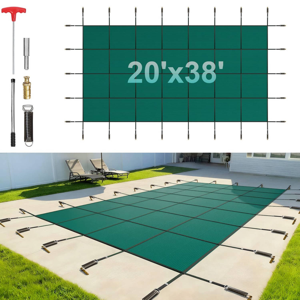 Rectangular green inground pool safety cover with grid mesh and reinforced border