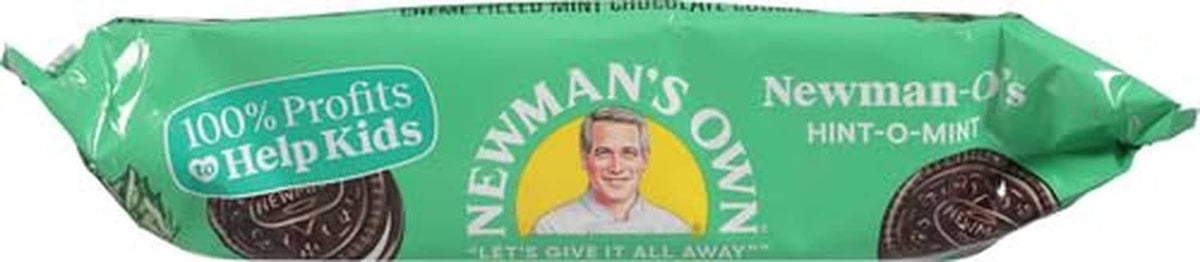 Side view of Newman O's hint-O-mint cookie package with cookie images