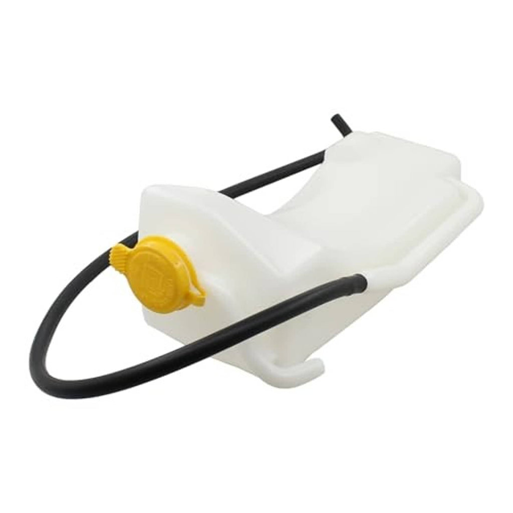 White coolant recovery reservoir tank with yellow cap and black hose, angled view