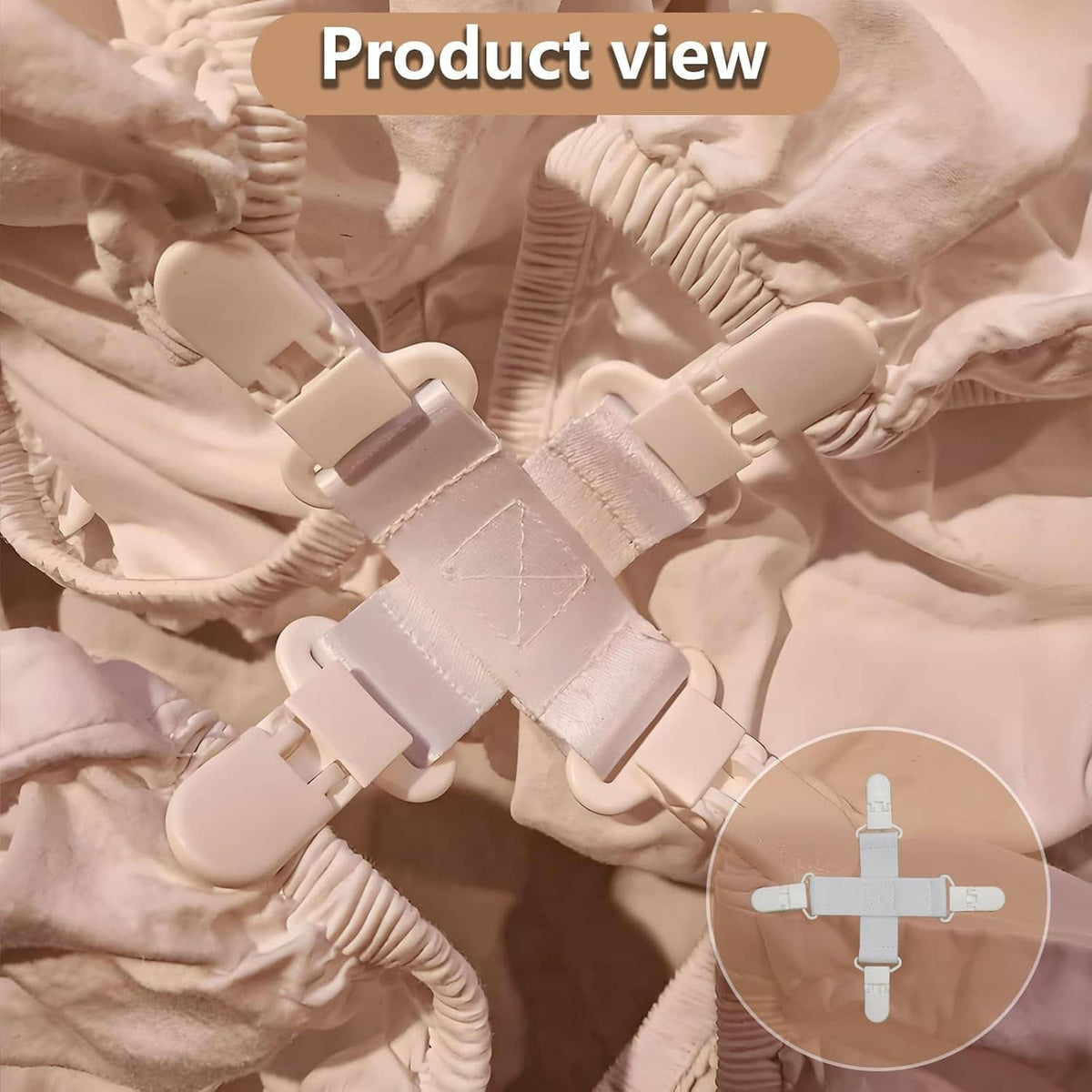 White four-prong bed sheet detangler clip fastening folded fabric
