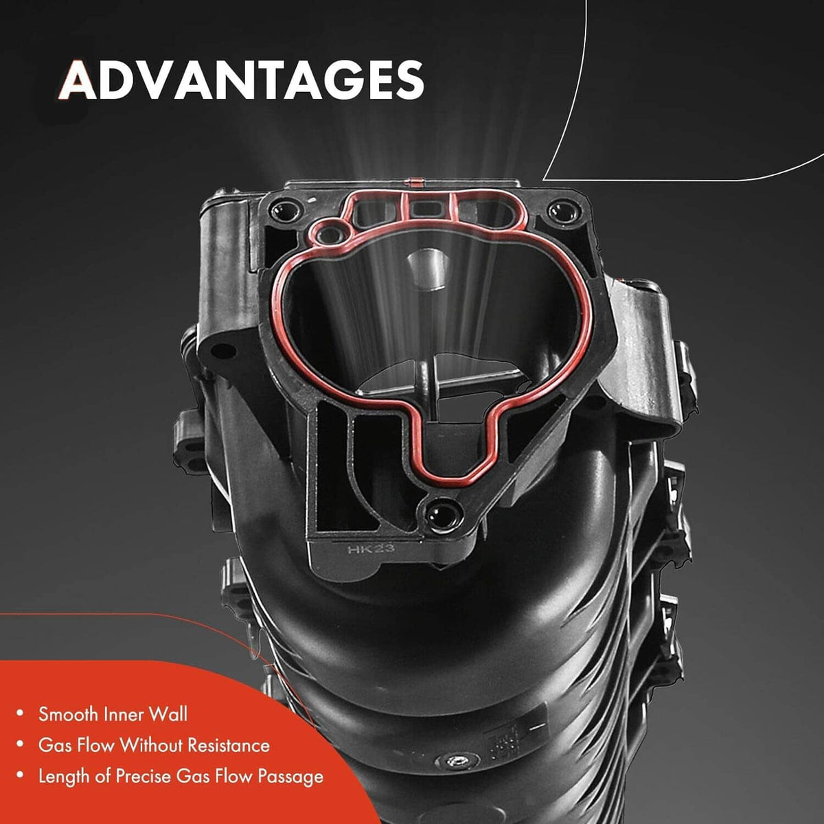 Black upper intake manifold with throttle opening and red gasket border