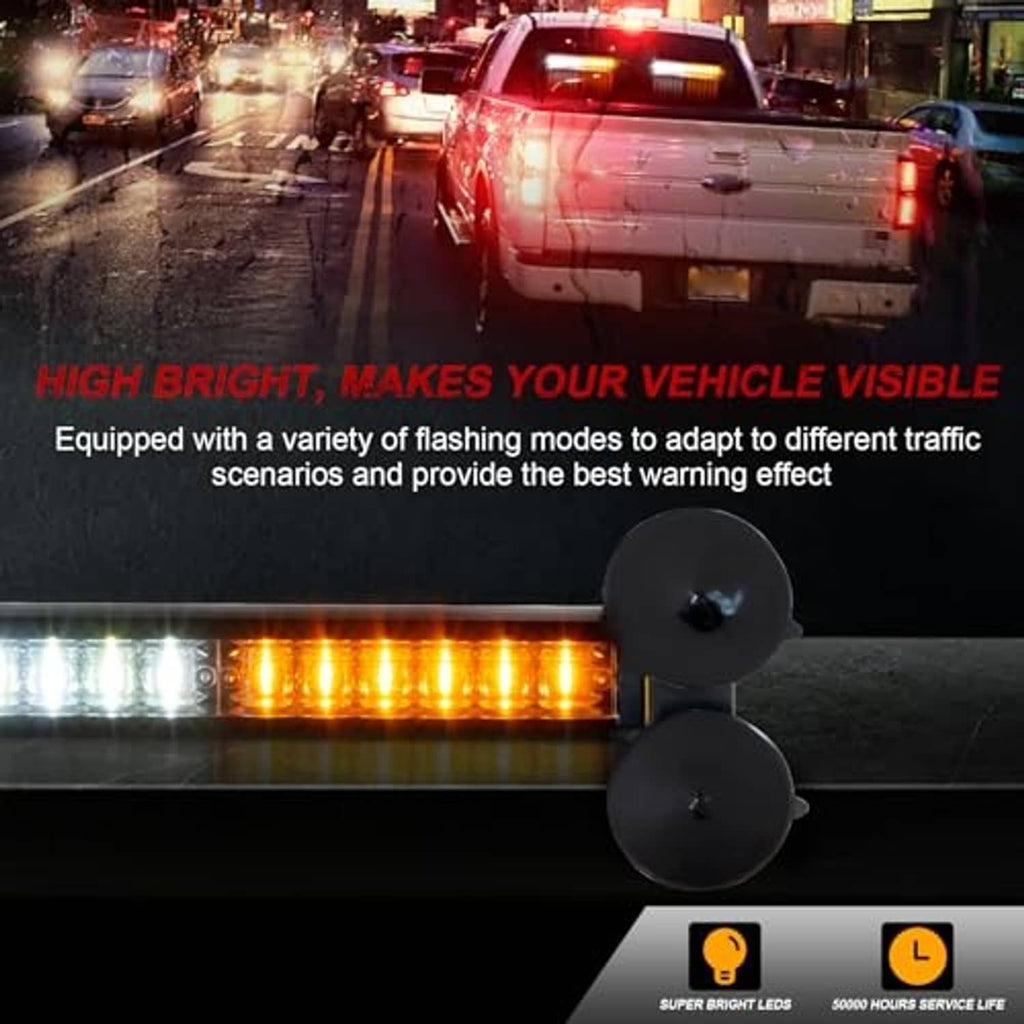 Amber LED strobe light bar with two black mounting brackets and power cable