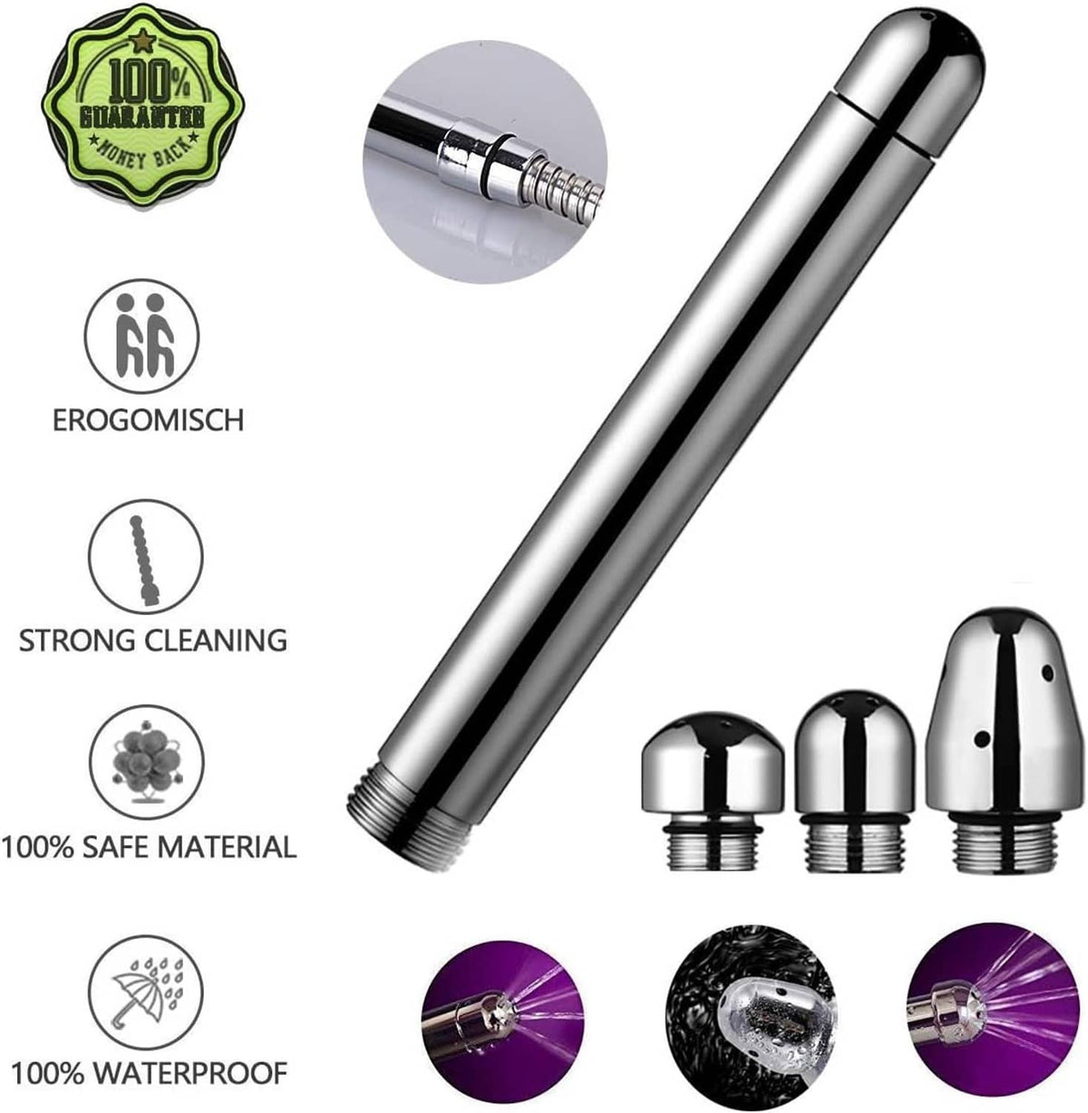 Chrome 3-head shower nozzle cleaner with long tube and three threaded nozzle caps