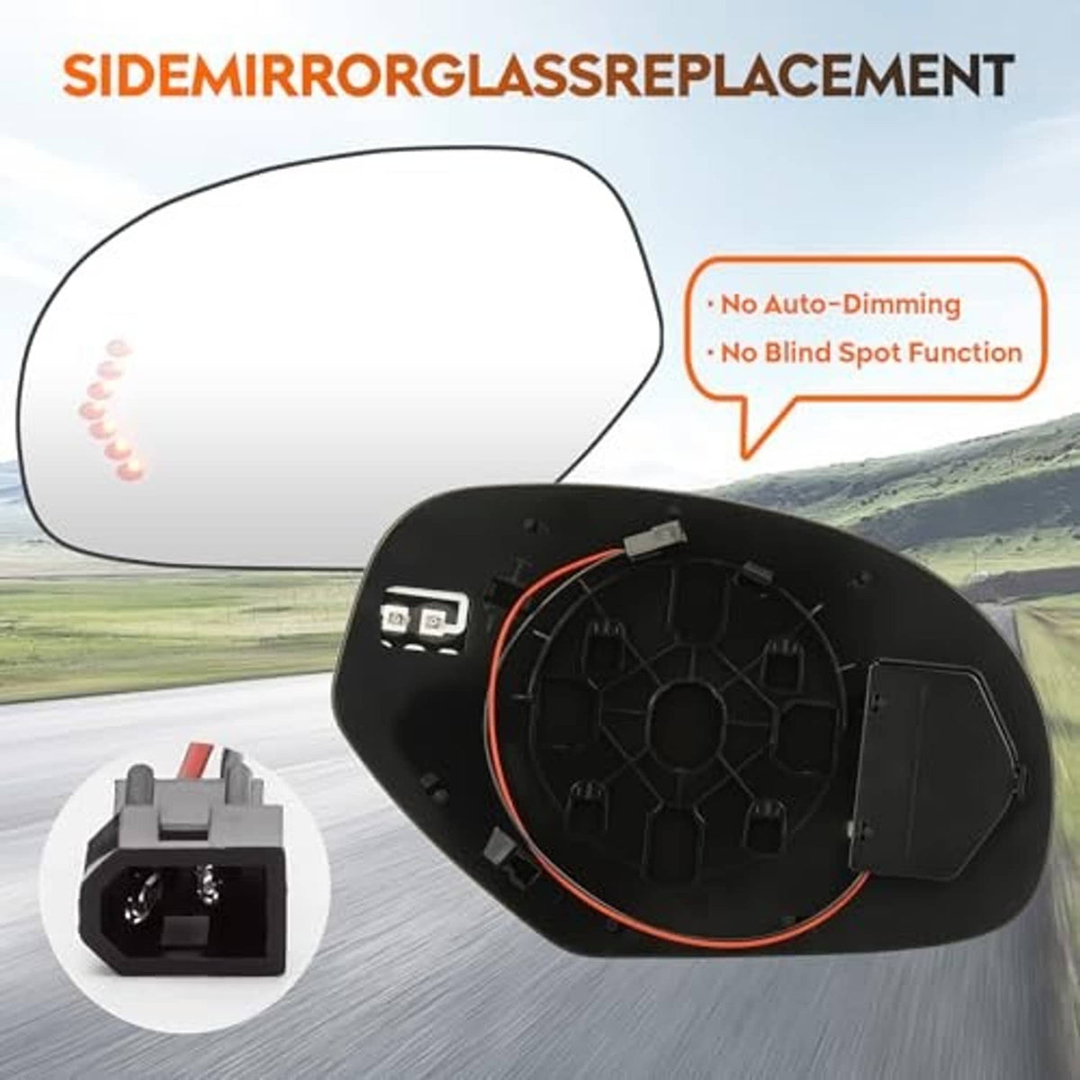 Left side mirror glass with backing plate and mounting connector