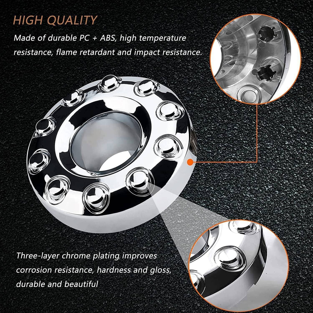 Chrome wheel hub center cap with polished face and raised bolt accents