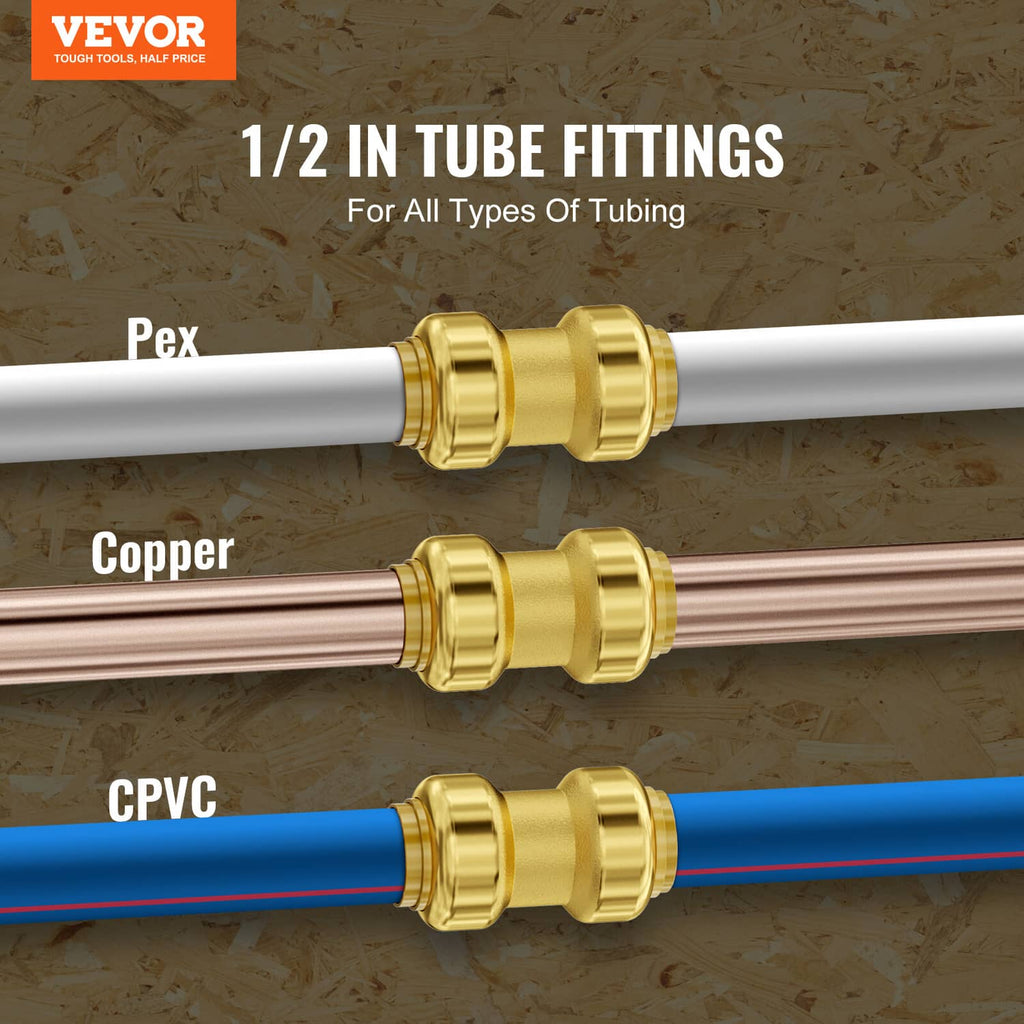 Brass straight-through push-fit connectors for 1/2 in tubing with three pipe colors