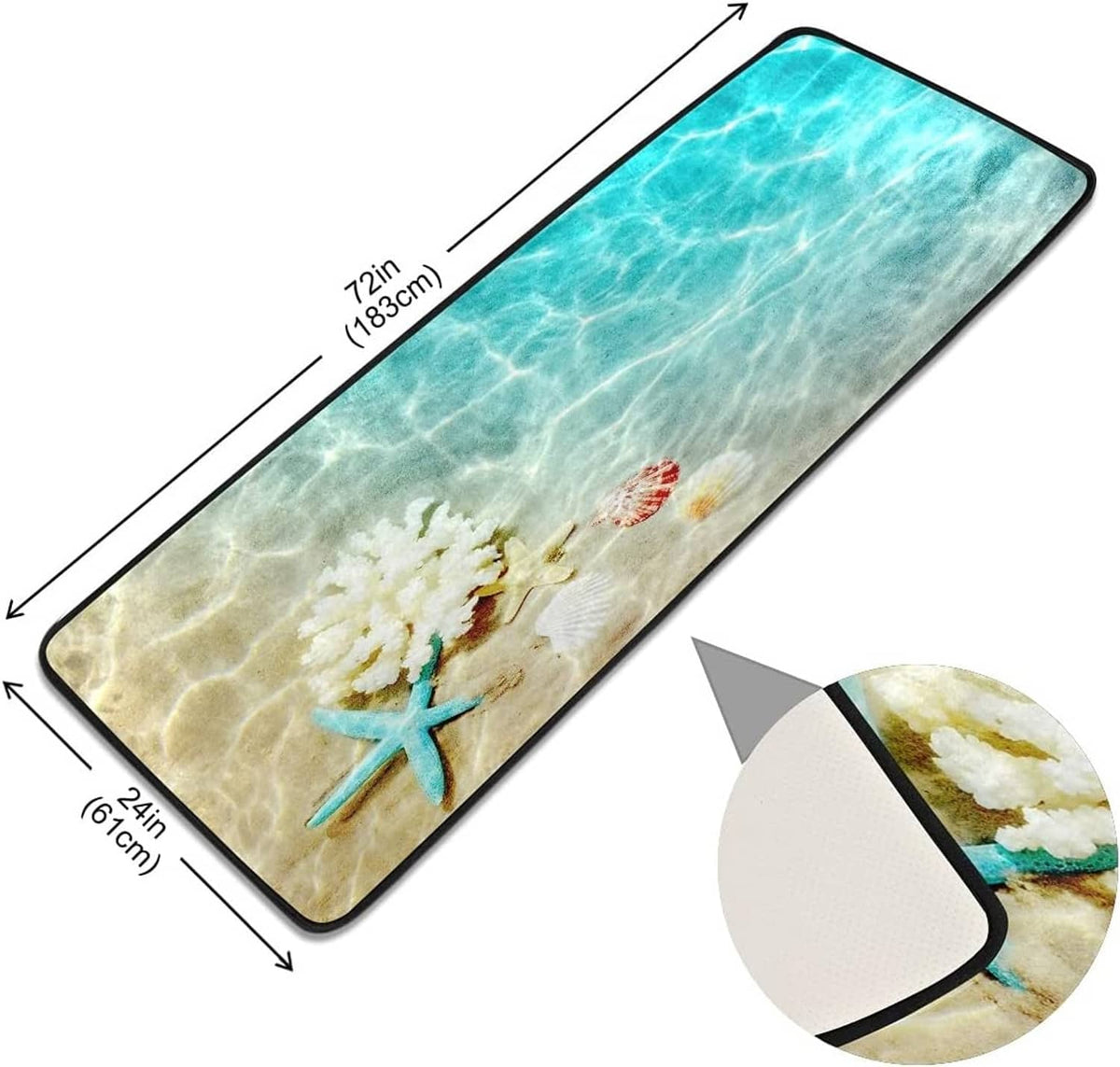 Rectangular seashell starfish rug with teal water print, rounded corners, black trim