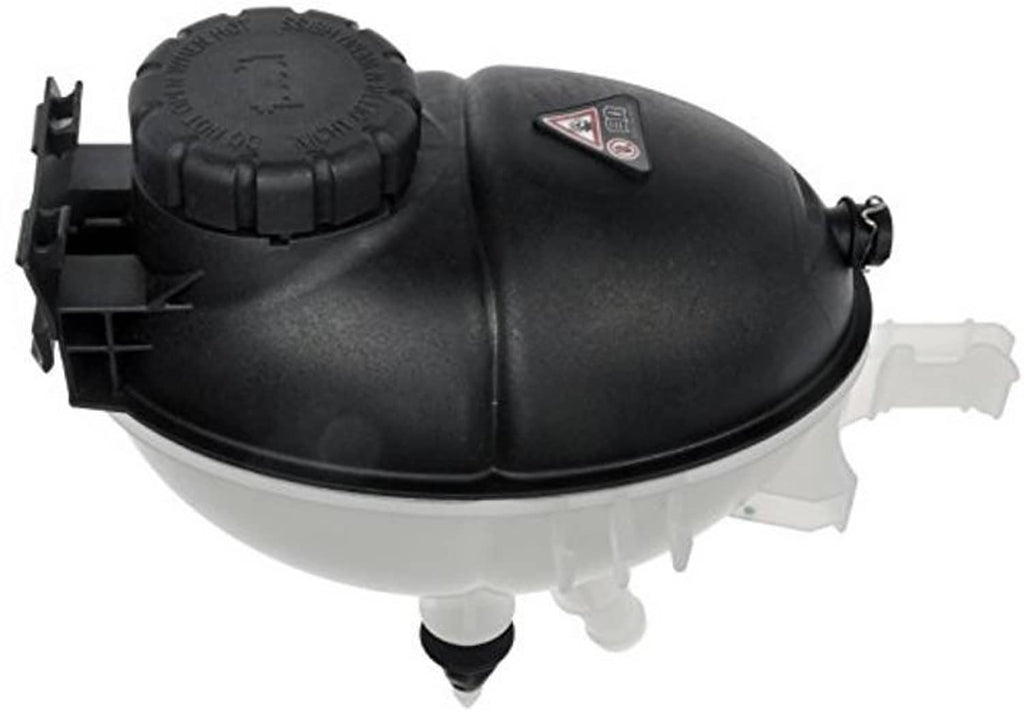 Pressurized coolant reservoir with black cap, translucent body, and side hose ports