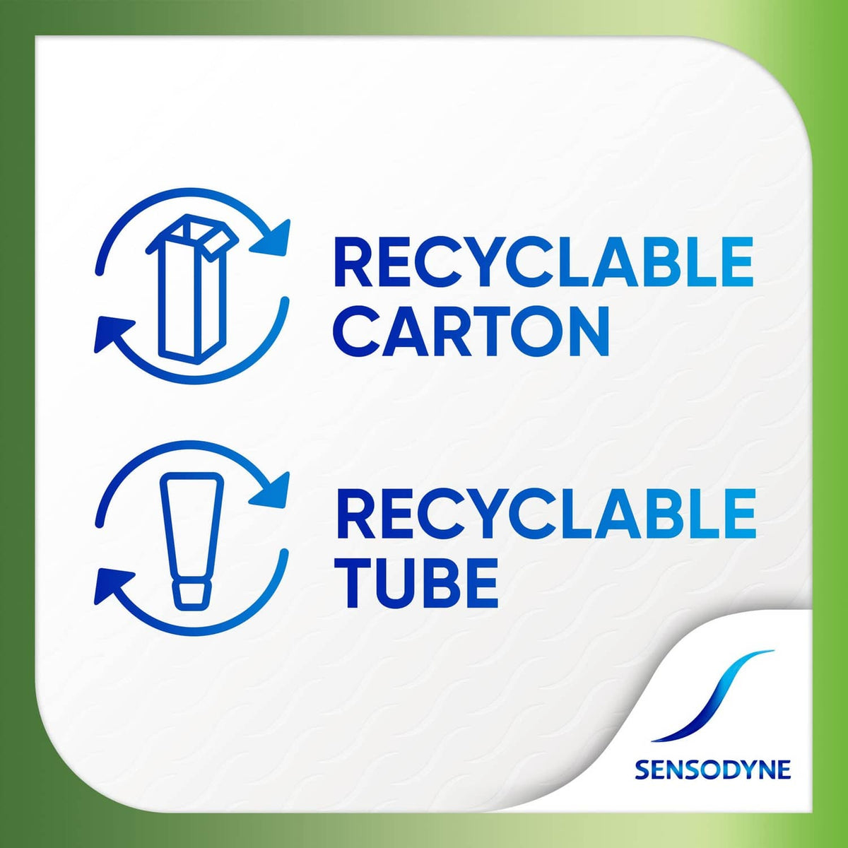Sensodyne Fresh Mint toothpaste package with recyclable carton and tube icons