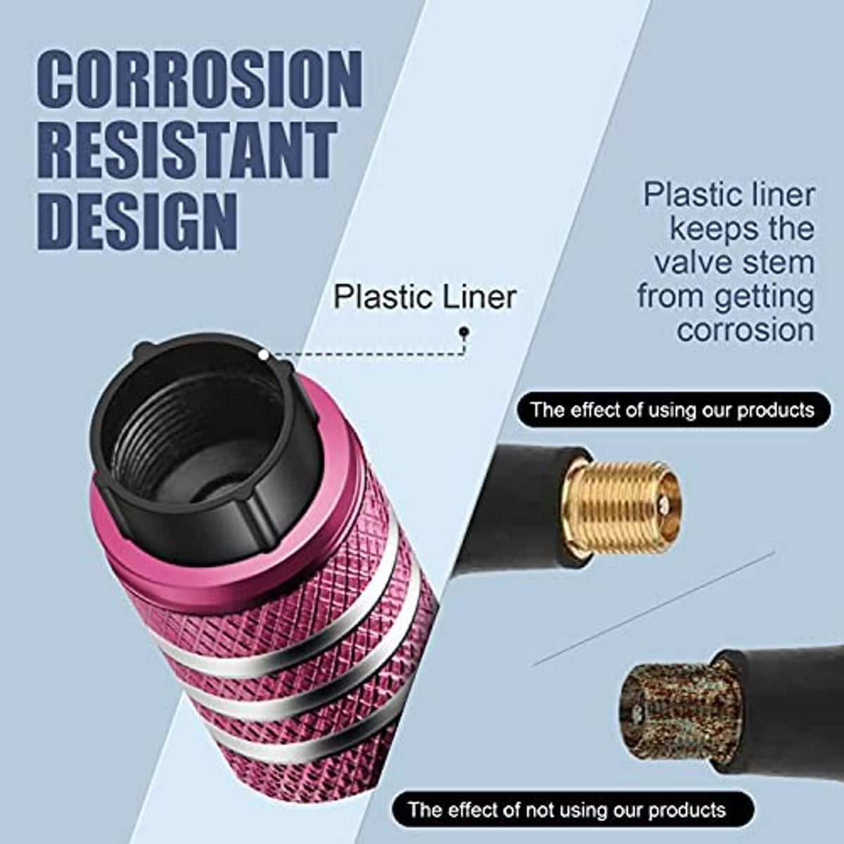 Pink metal tire valve stem cap cover with black inner liner and ribbed sides