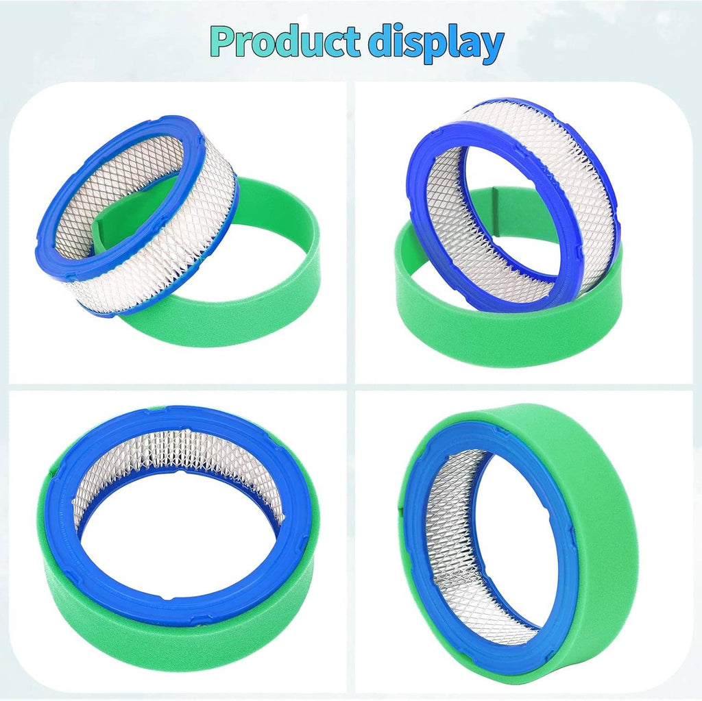 Air filter replacement for lawn mower: round white pleated mesh with blue border and green seal
