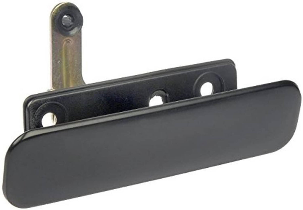 Black exterior door handle with metal mounting post and circular holes