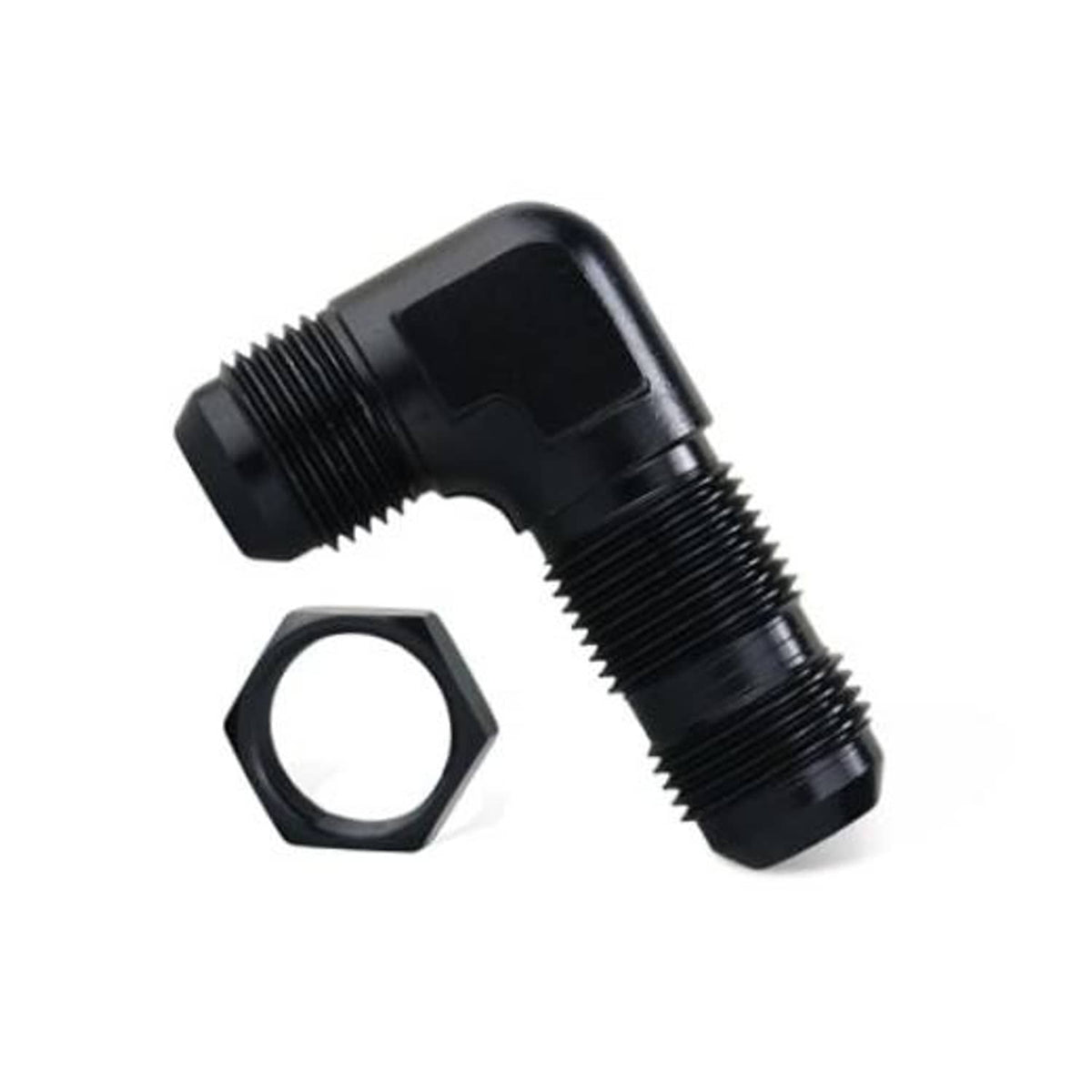 Black 90-degree bulkhead fitting adapter with included hex nut, side view