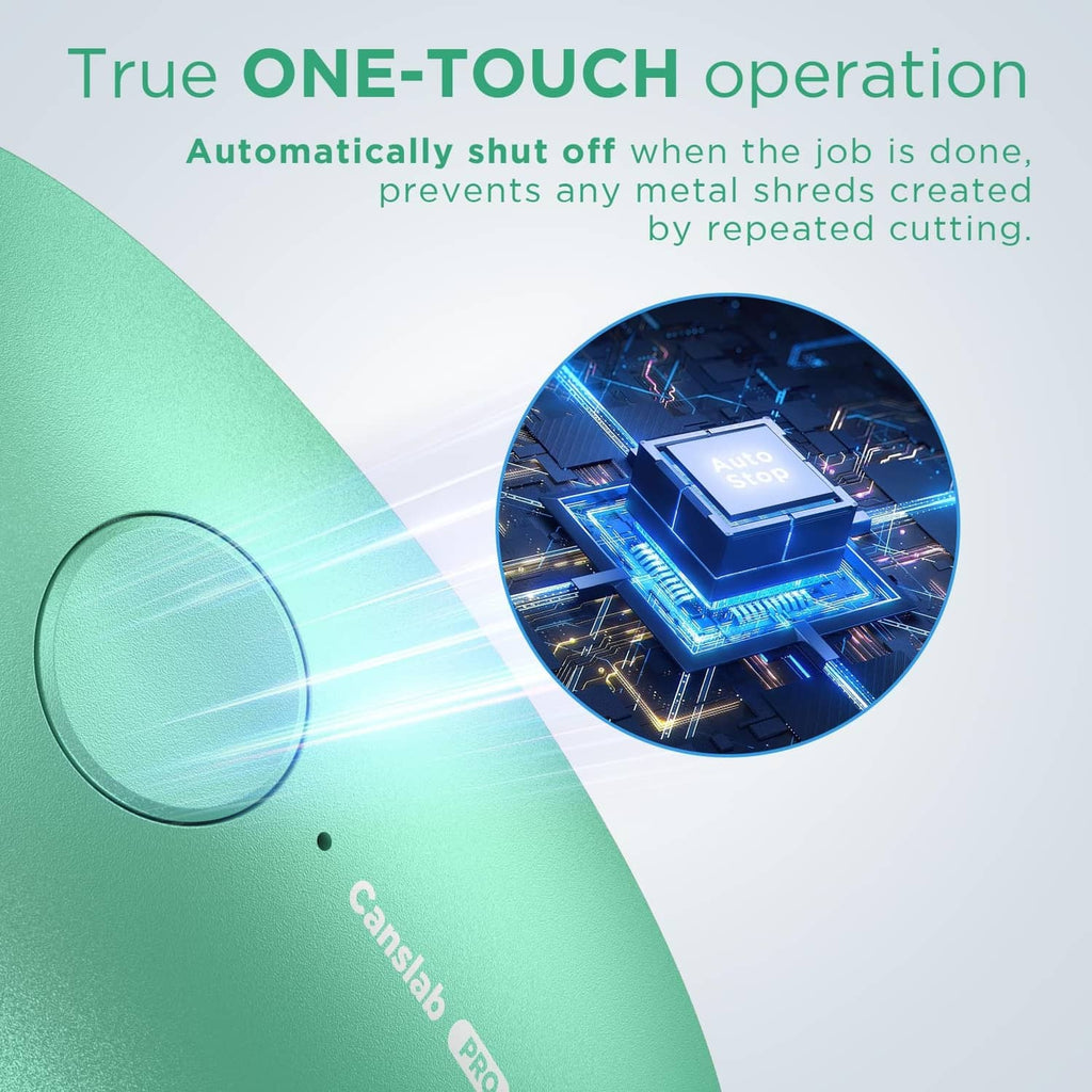 Teal can opener base with circular control and blue-lit cutting mechanism detail.