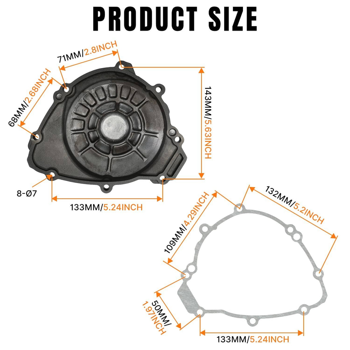 Engine stator cover and gasket size diagram with mounting points and measurements