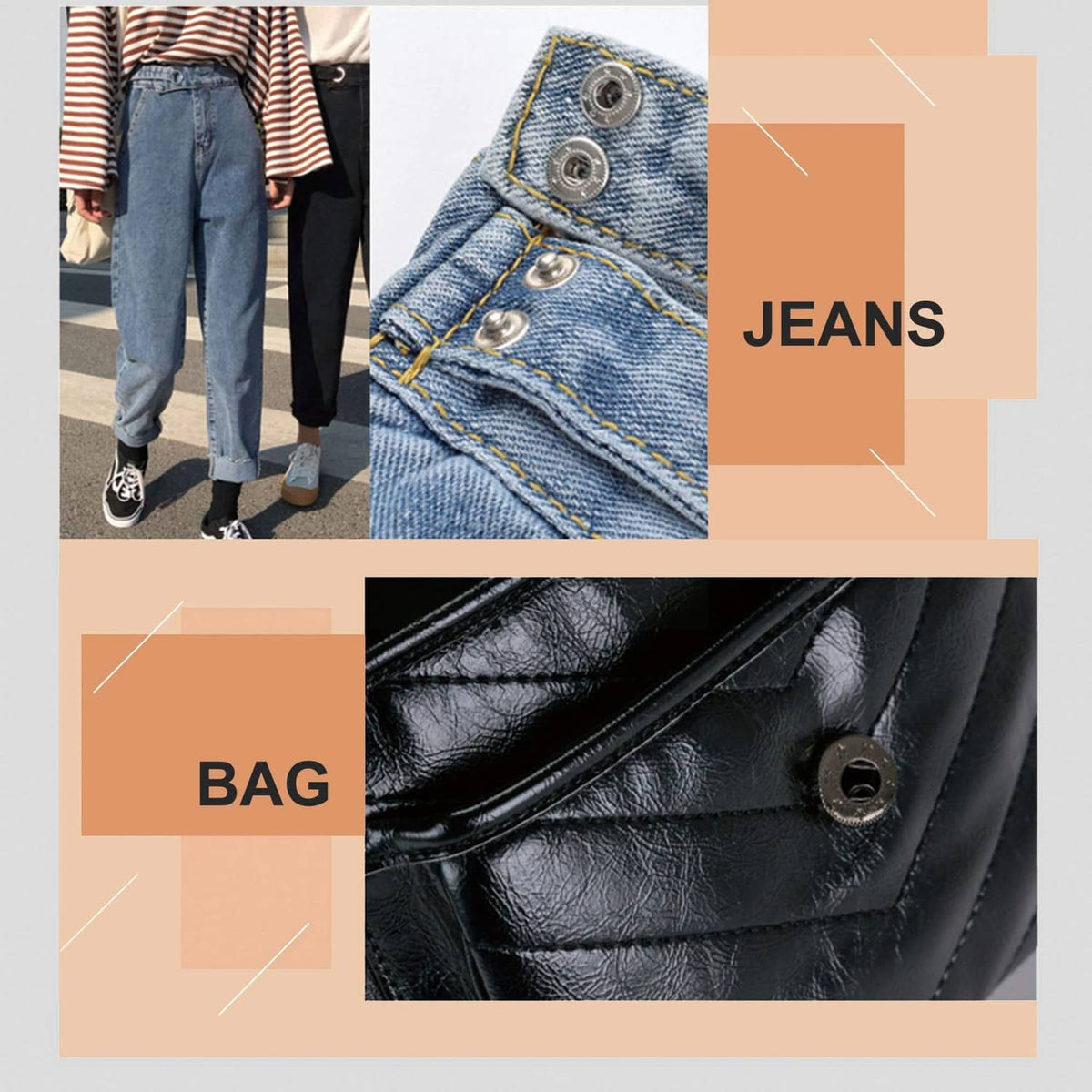 Snap fasteners on blue jeans and a black leather bag strap, visible hardware button