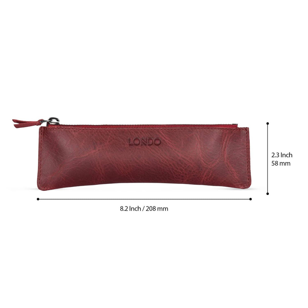 Maroon leather pen case with zipper, embossed Londo logo; size 8.2 x 2.3 in.