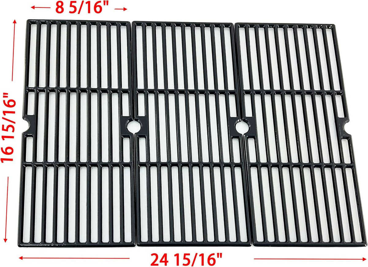 Porcelain-coated cast iron cooking grate, black with side cutouts and round hanging holes