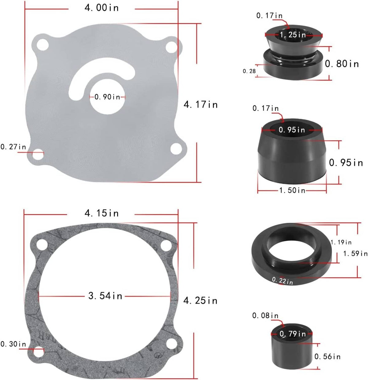 Water pump impeller kit gasket and cap parts diagram with size measurements