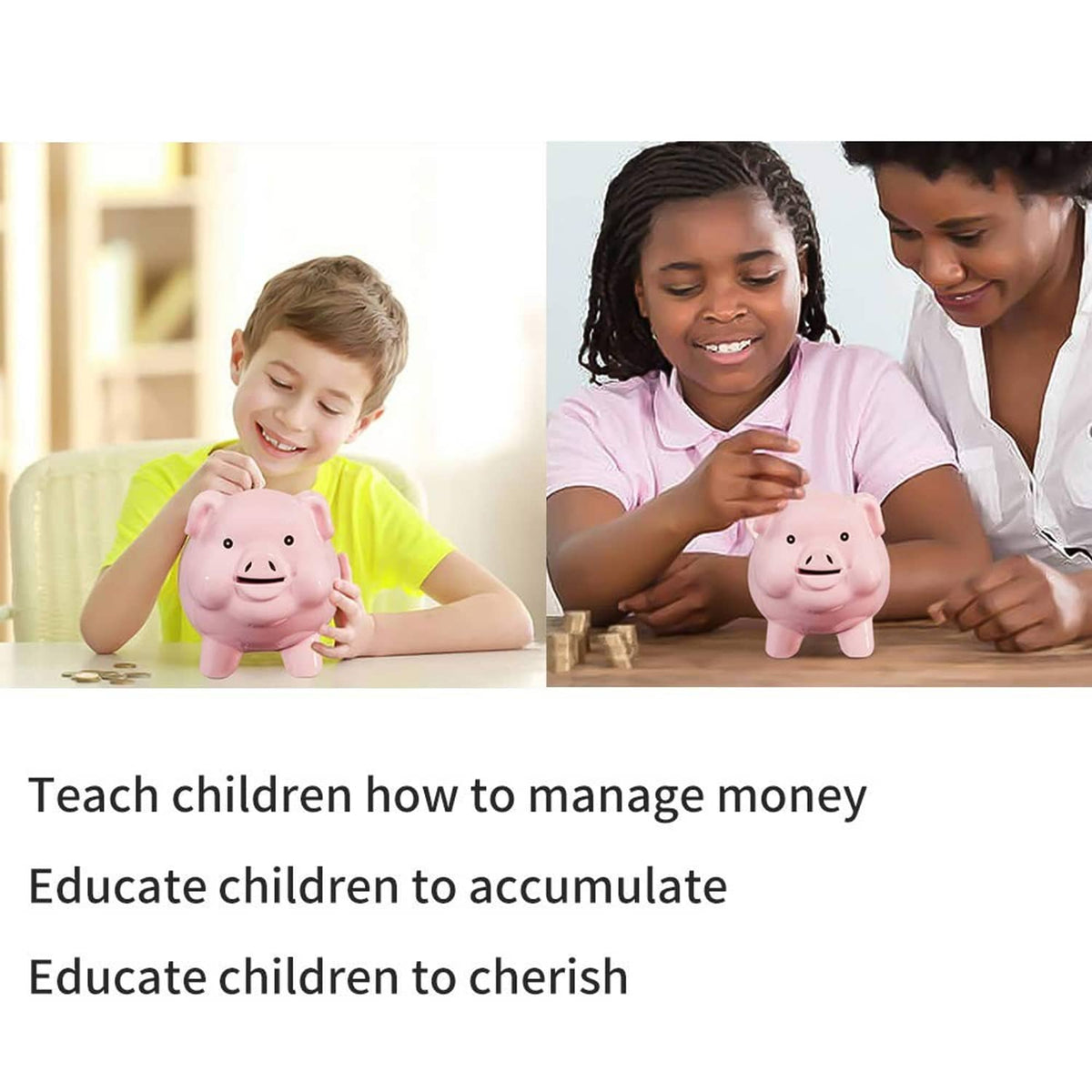 Pink ceramic piggy bank held up by a child, smiling pig face