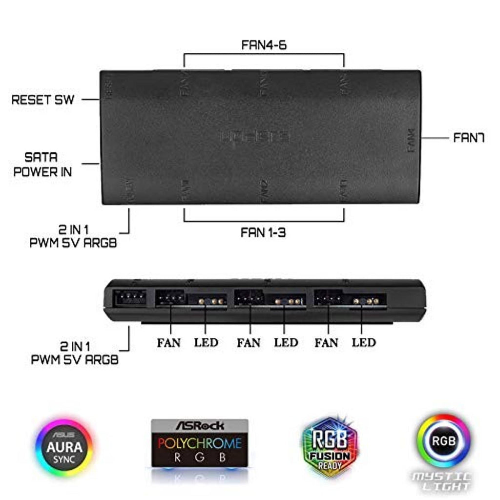UDHERE fan hub/splitter diagram showing reset switch, SATA power in, and fan headers