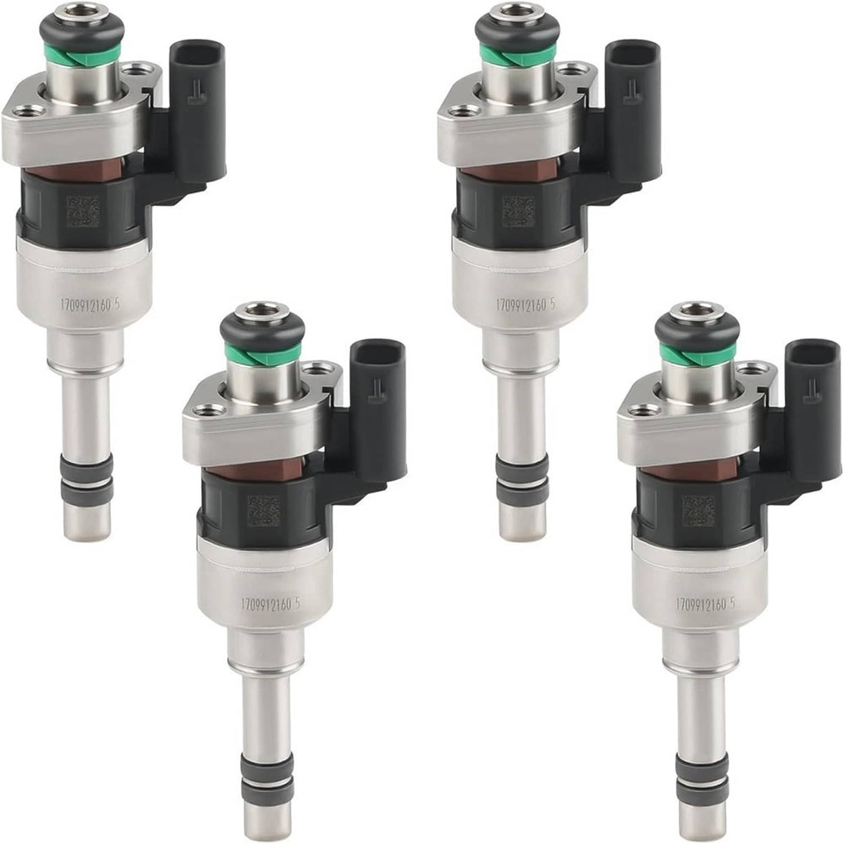 4-piece fuel injector set with black and silver bodies, green seals
