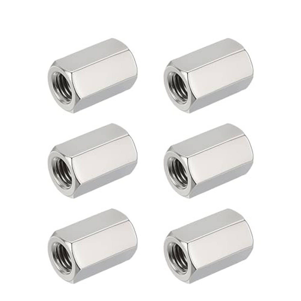Six hex coupling nuts in silver finish with internal threads and hex exterior