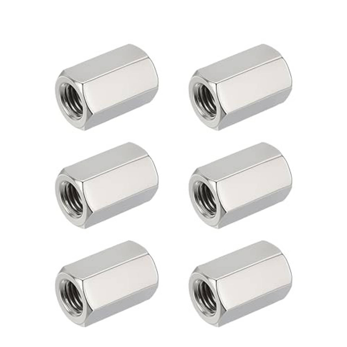 Six hex coupling nuts in silver finish with internal threads and hex exterior