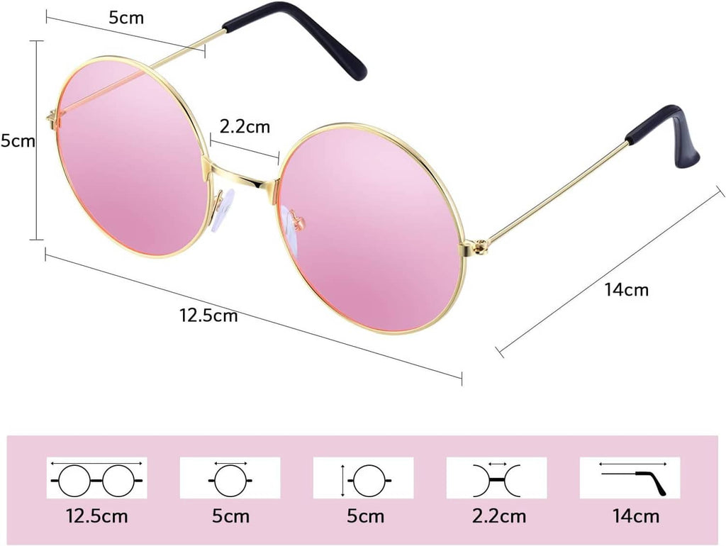 Round sunglasses with pink lenses and gold metal frames, black temples